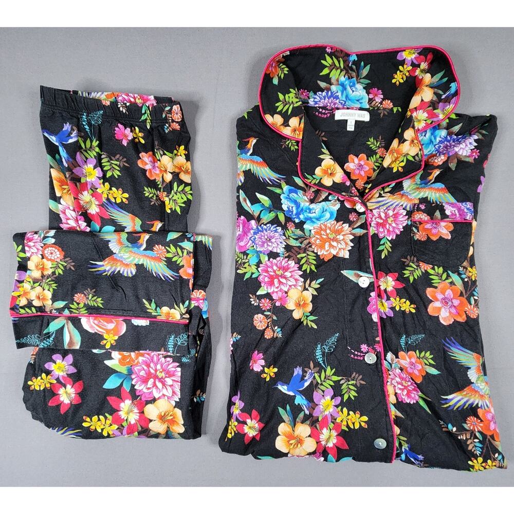 Johnny Was Women Large PJ set buttonup vibrant flowers birds cotton blend lounge